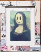 Printed copy of Banksy's Mona Lisa Smile, housed in frame decorated with Banky's art work,
