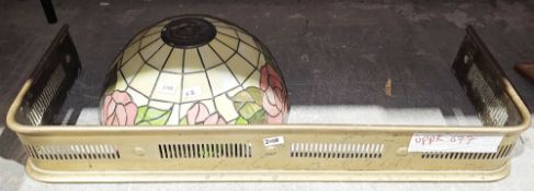 Tiffany-style pendant lampshade and a pierced brass fire fender, 92cm wide (2)