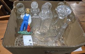 Large cut glass pedestal bowl, etched and cut glass items, coloured glass vases, decanters and other