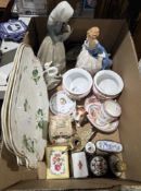 Lladro-style figure of a goose girl, china trinket boxes, pastille burner, other ceramic items, a