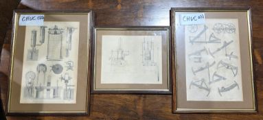 Quantity of engineering prints, assorted picture frames, a parasol, etc (1 box)