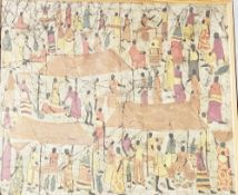 Batik fabric picture with numerous figures in market, possibly African, 75cm x 88cm