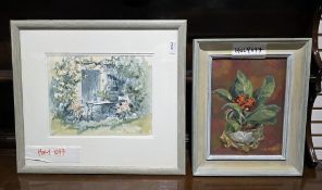 Judy Stratford Oil on board Still life flowers and another picture garden scene (2)