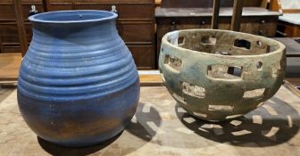 Studio pottery including a globular bottle-shaped vase decorated in brown slip with geometric