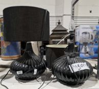 Pair of contemporary black glazed table lamps of bulbous form, with shades, 25cm high excluding