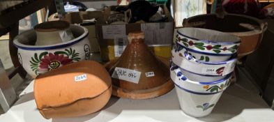 Assorted ceramics including three terracotta tin-glazed flowerpots painted with flowers and