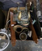 Brass footed copper jug, an adjustable Yoctosun mirror, barometer, various model ships, train track,