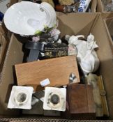 Four boxes of assorted ceramics, glass and collectables including decanters, drinking glasses in