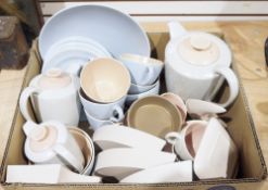 Box of assorted Poole tableware including a part coffee set in mushroom and pink colourway, a hors