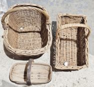 Two various canework baskets and a little bentwood miniature trug (3)
