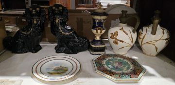 Cauldon ware china plate, pair black and gilt Staffordshire-style spaniels, pair pottery ewers,