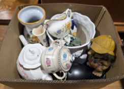 Capodimonte-style figure of seated tramp and sundry ceramic items (4 boxes)