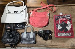 Assorted handbags and purses including Radley, a black leather and Bergamot Brassworks (USA) dolphin
