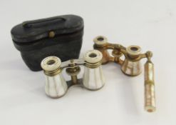 Pair Leclerc Paris mother-of-pearl mounted opera glasses with crimson silk lined black leather