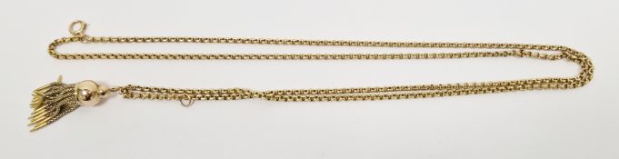 Long gold-coloured belcher link chain, the clasp marked 9ct, hung with gold-coloured tassel pendant,