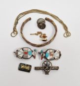 Pair of silver cufflinks modelled as birds inlaid with turquoise and shell, probably Mexican and