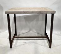 Industrial-style bar table with pine scaffold plank top, on a rusted metal base with straight