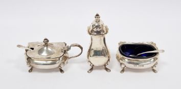 Silver condiments, comprising: a salt, blue glass liner & spoon, a mustard pot, glass liner and