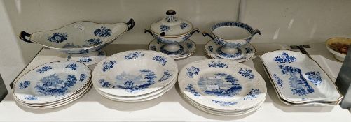 Turner pearlware blue and white transfer-printed Villager pattern part dinner service, early 19th