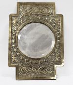 Arts & Crafts brass framed mirror having embossed decoration including a Celtic knot design, the