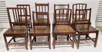 Matched set of eight George III ash and oak dining chairs, all with slatted backs, solid seats and
