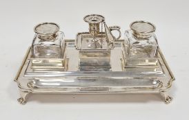 Large late Victorian silver inkstand, having two silver mounted glass inkwells and a silver