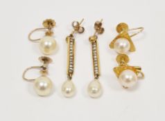 Pair of gold-coloured pendant stud earrings set with seedpearls threaded within a rectangular frame,