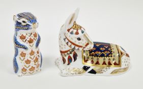 Two Royal Crown Derby bone china animal paperweights, Imari pattern, printed iron red marks,