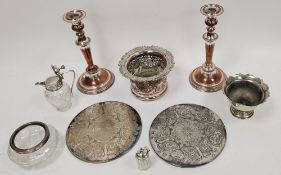 Mixed lot of Sheffield and silver plate including pair of candlesticks 28cm high, bottle coaster,