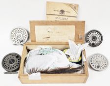 Collection of fishing equipment and accessories including Hardy Marquis #7 trout fly reel,