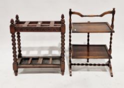 Early 20th century oak stickstand on bobbin supports with metal drip tray, 70cm high x 63cm wide x