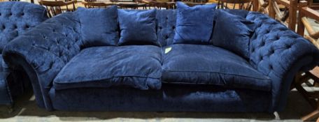Large Furniture Village ' Langham Bongo ' chesterfield style sofa, upholstered in blue crushed