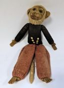 Vintage monkey possibly by Norah Wellings with velveteen face with inset glass eyes, hairy head