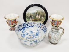 Pair of English porcelain imari pattern two-handled campana-shaped vases, circa 1820, painted with