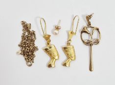 Pair of Egyptian gold pendant earrings modelled as a lady with headdress, 4.1g approx, a single