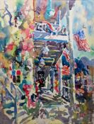 Dan Burt AWS(American, 1930-2024) Watercolour View of building exterior with American flag, signed