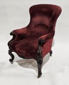 19th century rosewood framed armchair, upholstered in a raspberry coloured fabric, foliate scrolling