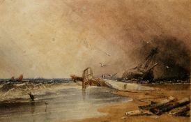 Attributed to Henry Barlow Carter (1803-1868) Watercolour Coastal scene with shipwreck, framed and