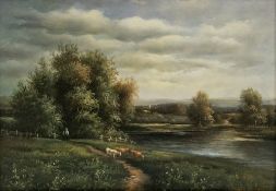 Charles Ross Oil on panel Pastoral scene with cattle beside a river and two figures on country path,
