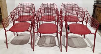 Set of six Lyze armchairs designed by Florent Coirier for Emu, aluminium and steel with a red