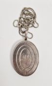 Victorian silver oval locket engraved with monogram and on boxlink silver chain, the interior of the