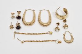 Pair of gold hoop earrings marked 9ct, 1.6g approx, gold-coloured ropetwist hoop earrings, a pair of