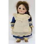 Armand Marseille bisque headed doll with sleeping blue eyes, closed mouth, blue and lace dress
