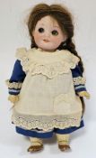 Armand Marseille bisque headed doll with sleeping blue eyes, closed mouth, blue and lace dress