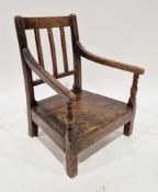 George III oak child's elbow chair with slatback, solid seat and square supports, 50cm high x 39cm