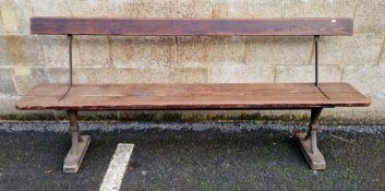 Late 19th/early 20th century reversible tram bench, the adjustable back with elm back rail and elm