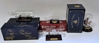 Four boxed Mayflower glass sculptures to include Tea Clipper, Gilded Golden Lion. 16th Century