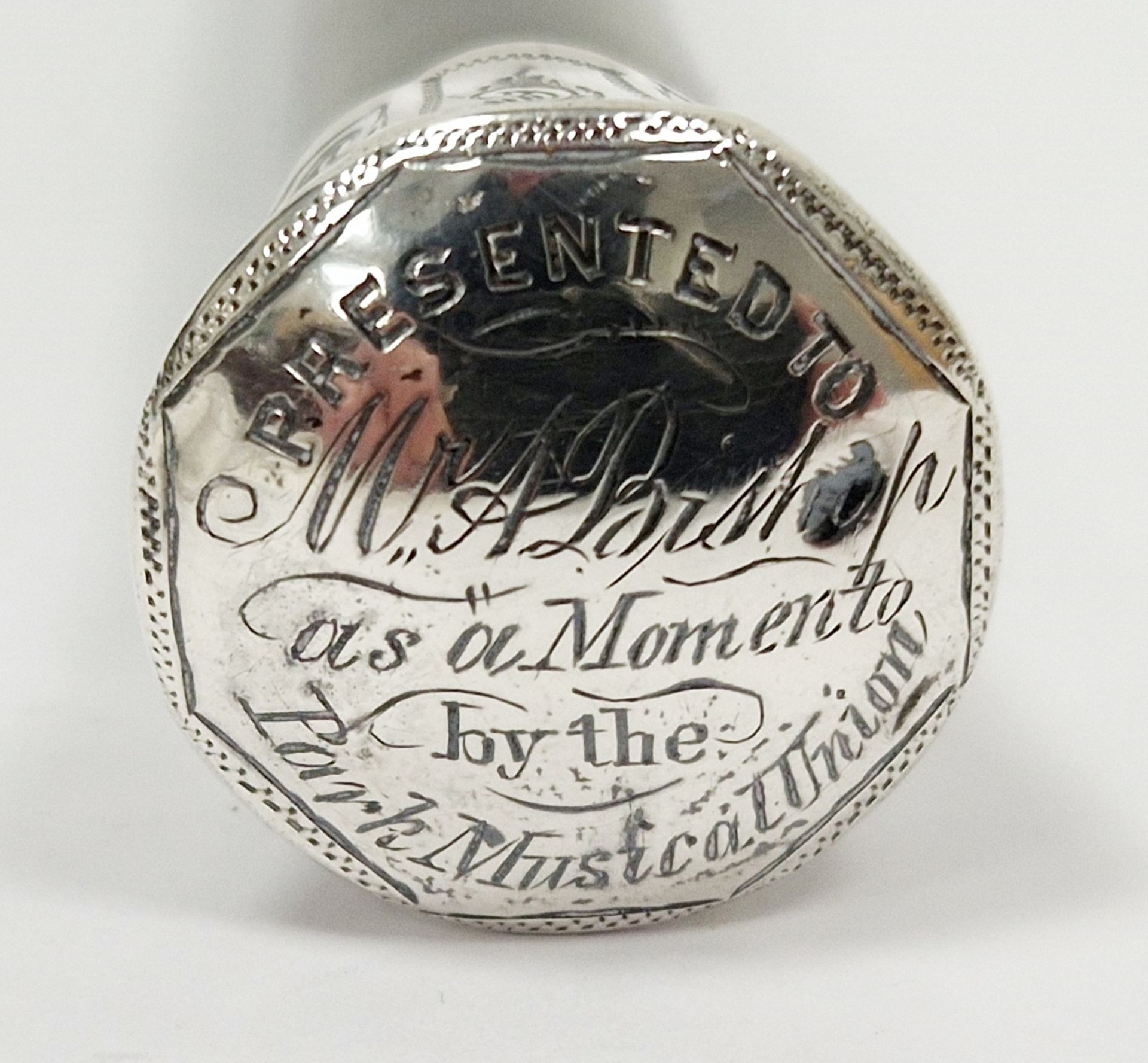 Ebonised conductors baton with silver mounts (unmarked), the terminal engraved 'Presented to Mr A - Image 2 of 2