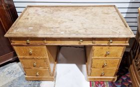 19th century small pine twin-pedestal writing desk, the top with low three-quarter gallery rail,
