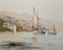 Ken Hammond (b.1948) Watercolour Coastal scene with fishing boat and buildings, signed lower